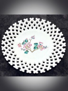 Antique 1885-1895 EAPG Challinor Taylor Milk Glass Lattice Edge Plate